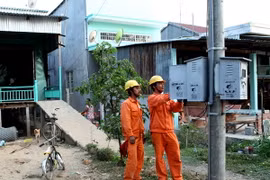 Công nhân điện lực kiểm tra kỹ thuật lưới điện nông thôn. (Ảnh: Ngọc Hà/TTXVN)