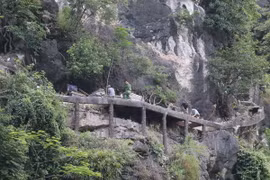 Thực hiện tháo dỡ hệ thống bậc thang lên núi Cái Hạ. (Ảnh: Ninh Đức Phương/TTXVN)