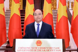 Thủ tướng Nguyễn Xuân Phúc có bài phát biểu chúc mừng Hội chợ Hội chợ Trung Quốc-ASEAN (CAEXPO) lần thứ 17. (Ảnh: Thống Nhất/TTXVN)