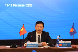 Trong ảnh: Ông Nguyễn Mạnh Cường, Vụ trưởng Vụ Hợp tác Quốc tế (Bộ Lao động-Thương binh và Xã hội) phát biểu tại điểm cầu Hà Nội. (Ảnh: Anh Tuấn/TTXVN)