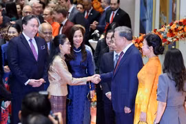 Tổng Bí thư, Chủ tịch nước Tô Lâm và Phu nhân đón các đại sứ, đại biện, trưởng đại diện các tổ chức quốc tế đến dự. (Ảnh: TTXVN)