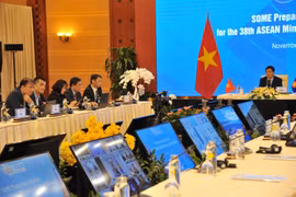 Quang cảnh Hội nghị trù bị trực tuyến quan chức cấp cao năng lượng ASEAN lần thứ 38 tại điểm cầu Hà Nội. (Ảnh: Trần Việt/TTXVN)