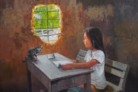 Tranh của Đỗ Quyên Hoa, ''Em vẫn tìm con chữ.'' (Ảnh: Ban tổ chức)