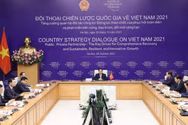 Thủ tướng Phạm Minh Chính chủ trì Đối thoại chiến lược quốc gia giữa Việt Nam và WEF tại điểm cầu Hà Nội. (Ảnh: Dương Giang/TTXVN)
