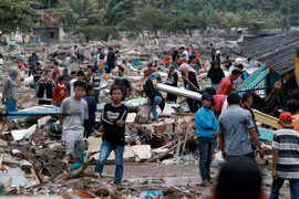 Nhân viên cứu hộ tìm kiếm nạn nhân thảm họa sóng thần tại South Lampung, Indonesia ngày 23/12. (Nguồn: AFP/TTXVN)