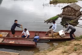 Lực lượng Thú y lấy mẫu xác định nguyên nhân cá trên sông Mã chết bất thường. (Ảnh: TTXVN phát)