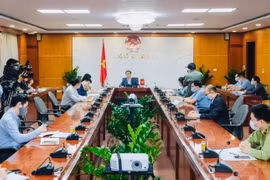 Quang cảnh buổi điện đàm tại trụ sở Bộ Công Thương. (Ảnh: Trần Việt/TTXVN)