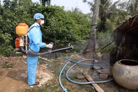 Phun thuốc diệt muỗi đề phòng dịch sốt xuất huyết. (Ảnh: Thanh Liêm/TTXVN)