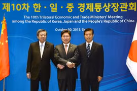Đại diện các nước Hàn Quốc, Nhật Bản và Trung Quốc tại cuộc họp ba bên năm 2015.(Nguồn: Yonhap)