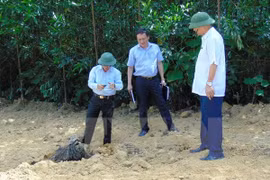 Lấy mẫu chất thải để đưa đi kiểm tra. (Ảnh Phan Quân/TTXVN)