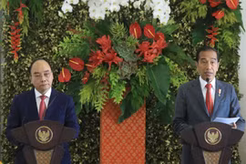 Chủ tịch nước Nguyễn Xuân Phúc và Tổng thống Indonesia Joko Widodo gặp gỡ báo chí. (Ảnh: Thống Nhất/TTXVN)