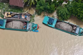 Nhiều tàu cát tập kết tại khu vực giáp ranh giữa tỉnh Tiền Giang và Vĩnh Long. (Ảnh: Hoài Nam/Vietnam+)