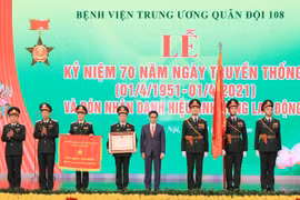 Phó Thủ tướng Vũ Đức Đam trao Danh hiệu Anh hùng Lao động thời kỳ đổi mới cho Bệnh viện Trung ương Quân đội 108. (Ảnh: TTXVN)