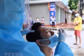 Lấy mẫu xét nghiệm cho người dân tại Hà Nội. (Ảnh: Hoàng Hiếu/TTXVN)