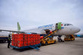 Máy bay của hãng hàng không Bamboo Airways vận chuyển miễn phí thiết bị y tế và dụng cụ phòng chống dịch COVID-19 đến chi viện cho tỉnh Hải Dương. (Ảnh: CTV/Vietnam+)