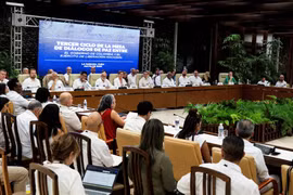 Quang cảnh một vòng đàm phán hòa bình giữa Chính phủ Colombia và nhóm vũ trang Quân đội Giải phóng Quốc gia (ELN) tại La Habana (Cuba) hồi tháng 5/2023. (Ảnh: AFP/TTXVN)