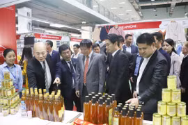Các đại biểu tham quan một gian hàng tại Hội chợ Thương mại Việt-Lào 2024 ở Thủ đô Vientiane hồi tháng trước. (Ảnh: Xuân Tú/TTXVN)