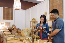 Khách mua sắm sản phẩm thủ công mỹ nghệ tại Hội chợ triển lãm. (Ảnh: TTXVN)