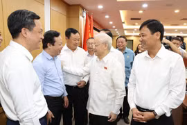 Tổng Bí thư Nguyễn Phú Trọng dự Hội nghị Đại biểu Quốc hội tiếp xúc cử tri các quận Đống Đa, Ba Đình và Hai Bà Trưng, trước kỳ họp thứ sáu, Quốc hội khóa XV sáng 14/10/2023. (Ảnh: Trí Dũng/TTXVN)