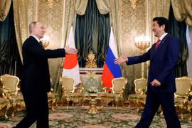 Tổng thống Nga Vladimir Putin (trái) tiếp Thủ tướng Nhật Bản Shinzo Abe. (Nguồn: TASS)