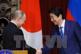 Tổng thống Nga Vladimir Putin (trái) và Thủ tướng Nhật Bản Shinzo Abe (phải) trong cuộc họp báo ở Tokyo ngày 16/12. (Nguồn: AFP/TTXVN)