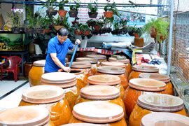 Anh Bùi Thanh Phú (làng Nam Ô, phường Hòa Hiệp Nam, quận Liên Chiểu) đã nối nghiệp cha ông để giữ gìn phát triển thương hiệu nước mắm Hương Làng Cổ. (Ảnh: Quốc Dũng/TTXVN)
