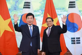 Thủ tướng Phạm Minh Chính tiếp Chủ tịch Quốc hội Hàn Quốc Kim Jin-pyo. (Ảnh: Dương Giang/TTXVN)