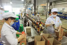 Dây chuyền đóng chai nước mắm Cát Hải ngay tại xưởng. (Ảnh: An Đăng/TTXVN)