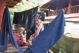 Khi tấm vải đã khô sẽ được cắt từng miếng theo người mặc để thêu hoa văn. (Ảnh: Việt Hoàng/TTXVN)