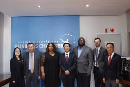 Đoàn Xúc tiến thương mại Đại sứ quán Việt Nam và Ban lãnh đạo Phòng Thương mại Nelson Mandela Bay tại buổi làm việc ngày 23/11. (Ảnh: Đình Lượng/TTXVN)