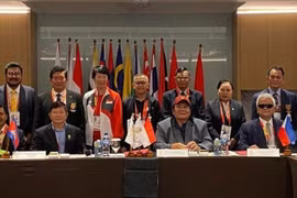 Đại diện 11 nước tham dự cuộc họp Hội đồng thành viên Liên đoàn thể thao người khuyết tật Đông Nam Á (APSF) lần thứ 27. (Ảnh: Hữu Chiến-Văn Phong/TTXVN)