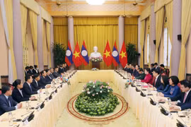 Phó Chủ tịch nước Võ Thị Ánh Xuân hội đàm với Phó Chủ tịch nước Lào Bounthong Chitmany. (Ảnh: Lâm Khánh/TTXVN)