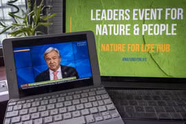 Tổng thư ký Liên hợp quốc Antonio Guterres phát biểu tại sự kiện trực tuyến với chủ đề Cam kết của các nhà lãnh đạo đối với thiên nhiên. (Ảnh: Hữu Thanh/TTXVN)