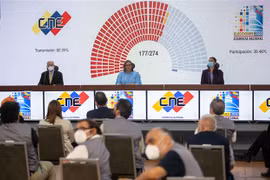Chủ tịch Hội đồng Bầu cử Quốc gia Venezuela Indira Alfonzo (giữa) công bố kết quả chính thức cuộc bầu cử Quốc hội, tại Caracas ngày 7/12/2020. (Ảnh: THX/TTXVN)