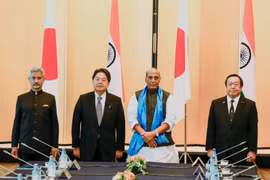 Bộ trưởng Ngoại giao Ấn Độ Subrahmanyam Jaishankar, Bộ trưởng Ngoại giao Nhật Bản Yoshimasa Hayashi, Bộ trưởng Quốc phòng Ấn Độ Rajnath Singh và Bộ trưởng Quốc phòng Nhật Bản Yasukazu Hamada. (Nguồn: AP) 