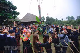 Đồng bào dân tộc Tà Ôi vui múa hát các điệu múa truyền thống trong ngày hội. (Ảnh: Trọng Đạt/TTXVN) 