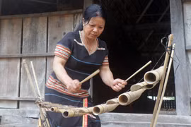 Nghệ nhân Y Trieng (thị trấn Đăk Rve, huyện Kon Rẫy, tỉnh Kon Tum) đánh đàn T’rưng. (Ảnh: Khoa Chương/TTXVN)