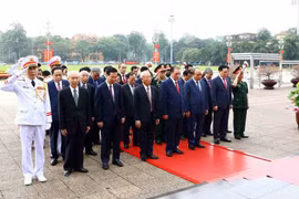 Các vị lãnh đạo Đảng, Nhà nước và các đại biểu kính cẩn trước Lăng viếng Chủ tịch Hồ Chí Minh. (Ảnh: An Đăng/TTXVN) 
