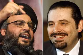 Thủ tướng Lebanon Saad Hariri (phải) và thủ lĩnh phái Hezbollah, Hassan Nasrallah. (Ảnh: AFP/TTXVN)