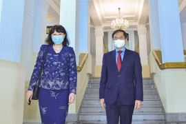 Bộ trưởng Bộ Ngoại giao Bùi Thanh Sơn và Đại sứ Romania Cristina Romila tại trụ sở Bộ Ngoại giao, ngày 19/10/2021. (Ảnh: TTXVN)