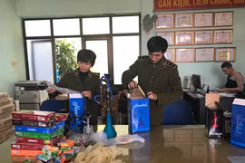 Cán bộ Đội Quản lý thị trường số 1 đang kiểm đếm số bóng cười thu giữ trên địa bàn quận Hoàn Kiếm. (Ảnh: Đức Duy/Vietnam+)