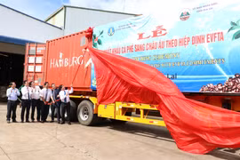 Phát lệnh xuất khẩu lô cà phê đầu tiên của Việt Nam sang châu Âu. (Ảnh: Hồng Điệp/TTXVN)