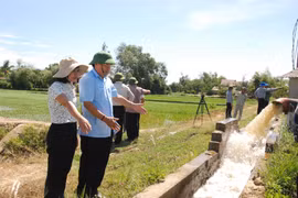 Lãnh đạo tỉnh Quảng Trị kiểm tra trạm bơm thủy lợi tại xã Vĩnh Sơn, huyện Vĩnh Linh. (Ảnh: Thanh Thủy/TTXVN)