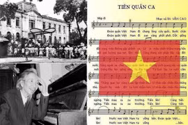 Nhạc sỹ Văn Cao và tác phẩm "Tiến quân ca." (Ảnh: TTXVN)