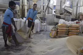 Công nhân làm việc tại một nhà máy xay xát gạo ở Hyderabad, Ấn Độ. (Ảnh: AFP/TTXVN)