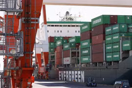 Container hàng hóa được xếp tại cảng ở Tokyo, Nhật Bản. (Ảnh: Kyodo/TTXVN)