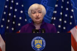 Bộ trưởng Tài chính Mỹ Janet Yellen phát biểu tại cuộc họp báo ở Bắc Kinh, Trung Quốc ngày 9/7/2023. (Ảnh: AFP/TTXVN)
