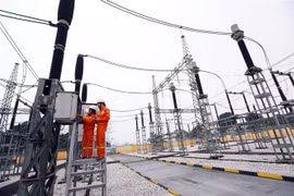 Công nhân Công ty Truyền tải điện 1 kiểm tra thiết bị TBA 220 kV Xuân Mai. (Ảnh: Huy Hùng/TTXVN)