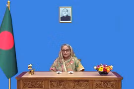 Thủ tướng Bangladesh Sheikh Hasina trong bài phát biểu ghi hình sẵn. (Ảnh: Đào Thanh Tùng/TTXVN) 