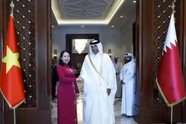 Phó Chủ tịch nước Võ Thị Ánh Xuân với Chủ tịch Quốc hội Qatar Hassan bin Abdullah Al-Ghanim. (Ảnh: Lâm Khánh/TTXVN)